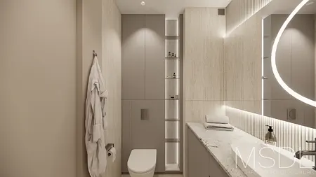 Nowoczesna łazienka w stylu skandynawskim z minimalistycznym blatem i oświetleniem LED.