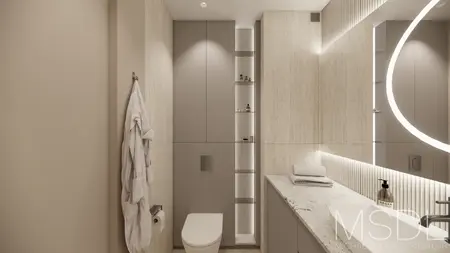 Nowoczesna łazienka w stylu skandynawskim z minimalistycznym blatem i oświetleniem LED.