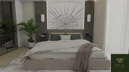 Sypialnia z minimalistycznym wystrojem, oświetleniem i roślinnością.