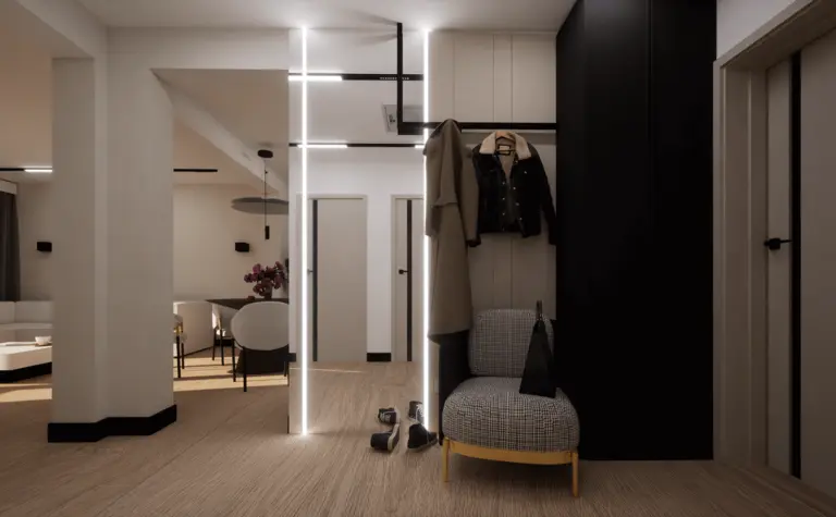 Przedpokój w stylu nowoczesnym z meblami soft minimalizm, współczesny design.