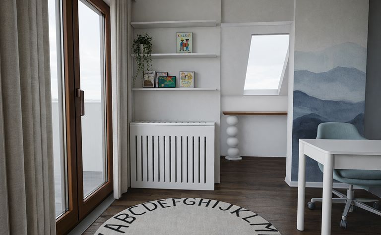 Wnętrze skandynawskiego pokoju z białym biurkiem i drewnianą podłogą