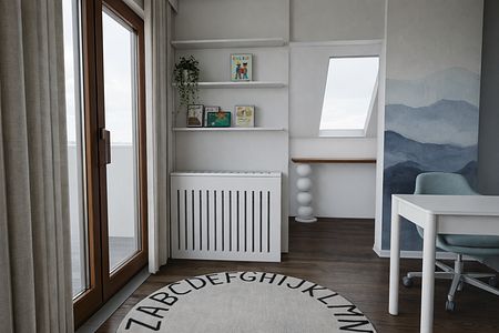 Wnętrze skandynawskiego pokoju z białym biurkiem i drewnianą podłogą