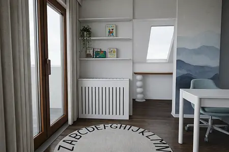 Wnętrze skandynawskiego pokoju z białym biurkiem i drewnianą podłogą