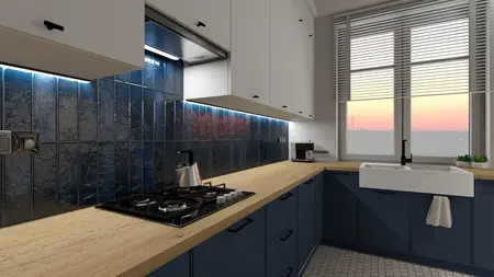 Wnętrze kuchni z niebieskimi kafelkami, drewnianym blatem i minimalistycznym designem.