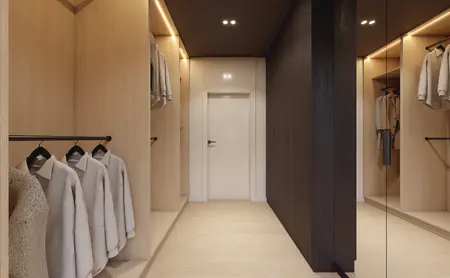 Garderoba w stylu japandi z drewnianymi elementami i nowoczesnym oświetleniem.