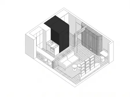 Izometryczna wizualizacja małego salonu z kuchnią i białą sofą: styl industrialny, minimalistyczny, minimaluxe, soft minimalizm, vintage, współczesny