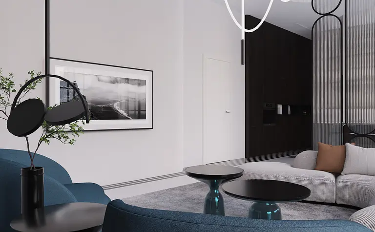 Nowoczesny salon w stylu art deco i glamour z niebieskimi fotelami