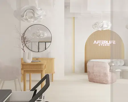 Wnętrze biura w stylu soft minimalizm z jasnymi meblami i lustrami.