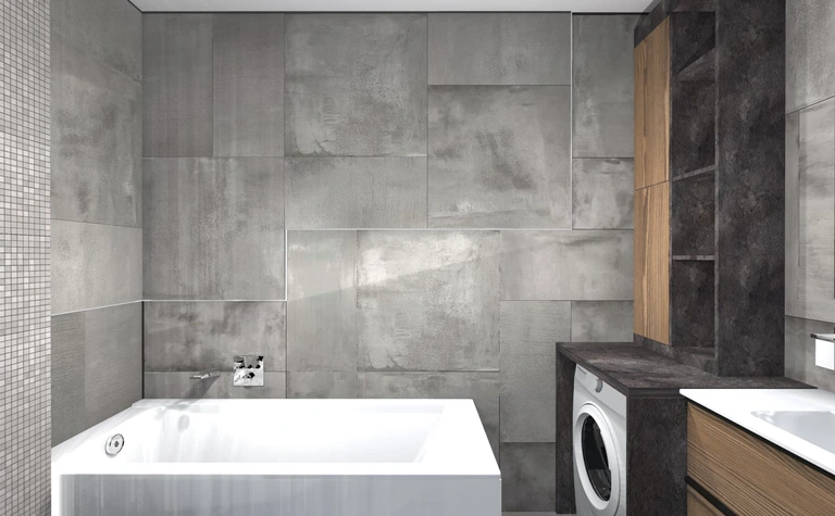 Wnętrze łazienki z wanną, szarymi płytkami i drewnianymi meblami w stylu dopamine decor i industrialnym.