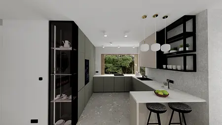 Nowoczesna łazienka z białą wanną i złotymi detalami, styl quiet luxury.