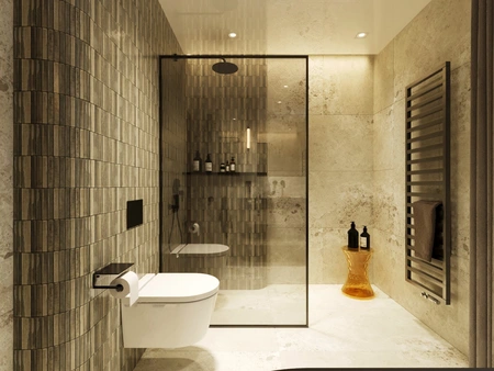 Nowoczesna łazienka z minimalistycznym designem, wykorzystująca style minimaluxe i quiet luxury.
