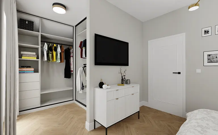 Garderoba w stylu glamour z białymi meblami i nowoczesnymi detalami.