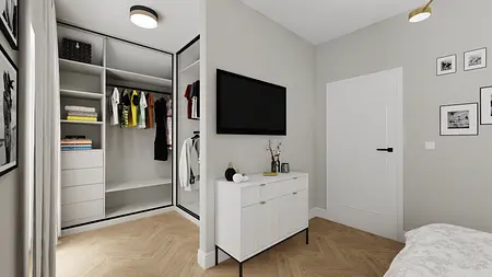 Garderoba w stylu glamour z białymi meblami i nowoczesnymi detalami.