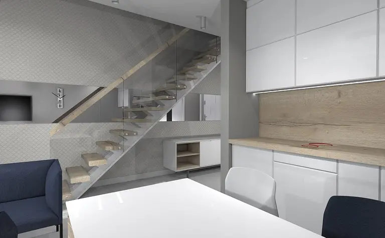 Nowoczesne wnętrze z białą kuchnią i schodami w stylu industrialnym, japandi i minimalistycznym.
