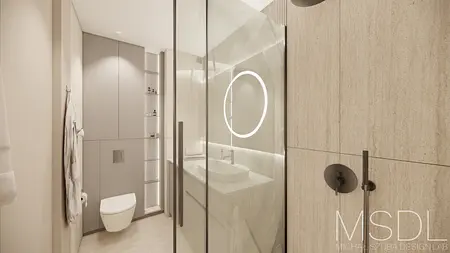 Minimalistyczna łazienka w stylu japandi z szarymi i beżowymi detalami.
