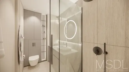 Minimalistyczna łazienka w stylu japandi z szarymi i beżowymi detalami.