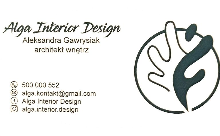 Wizytówka Alga Interior Design z nowoczesnym logo i danymi kontaktowymi. Styl boho i minimalistyczny.