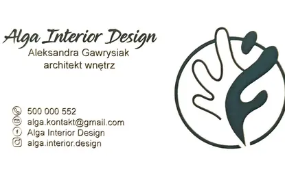Wizytówka Alga Interior Design z nowoczesnym logo i danymi kontaktowymi. Styl boho i minimalistyczny.