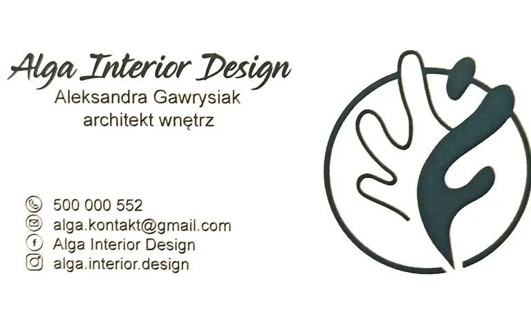 Wizytówka Alga Interior Design z nowoczesnym logo i danymi kontaktowymi. Styl boho i minimalistyczny.