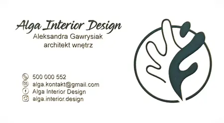 Wizytówka Alga Interior Design z nowoczesnym logo i danymi kontaktowymi. Styl boho i minimalistyczny.