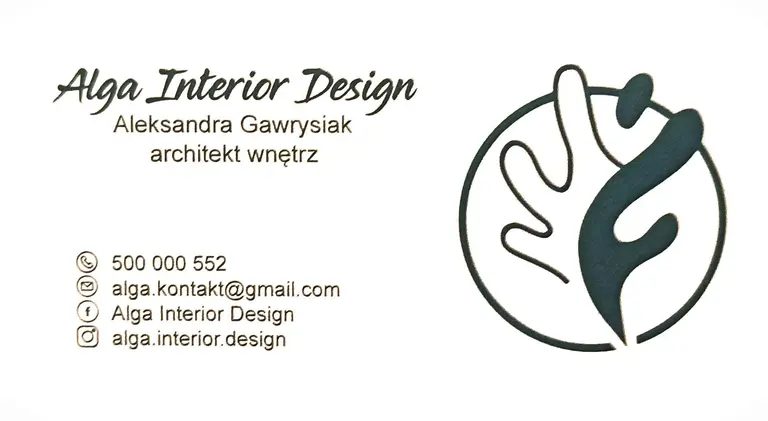 Wizytówka Alga Interior Design z nowoczesnym logo i danymi kontaktowymi. Styl boho i minimalistyczny.