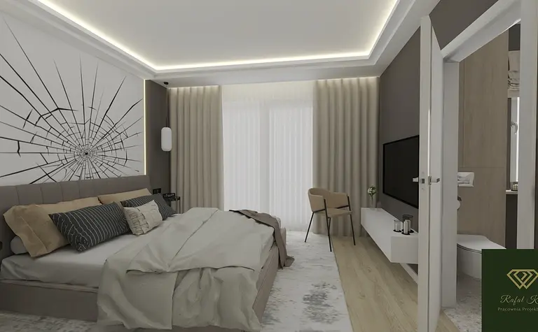 Wnętrze sypialni z minimalistycznym designem, nowoczesne meble, współczesne akcenty.