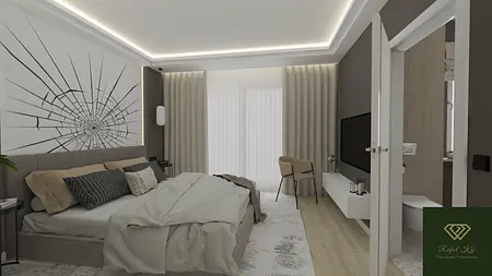 Wnętrze sypialni z minimalistycznym designem, nowoczesne meble, współczesne akcenty.