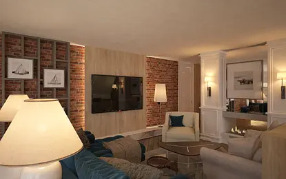Wnętrze salonu z ceglaną ścianą, niebieską sofą i nowoczesnymi dodatkami.