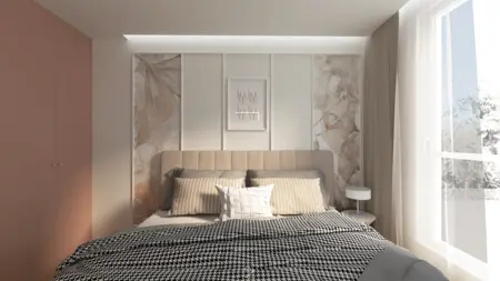 Wnętrze sypialni w stylu boho z elementami art deco i eklektycznymi dodatkami.