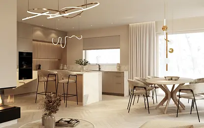 Wnętrze kuchni w stylu japandi i minimalistycznym z drewnianymi meblami.