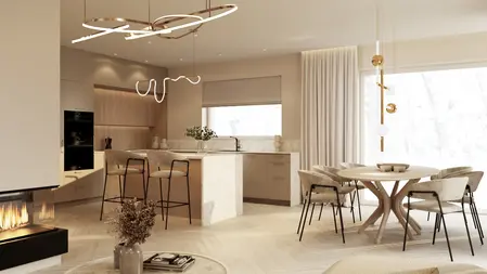 Wnętrze kuchni w stylu japandi i minimalistycznym z drewnianymi meblami.