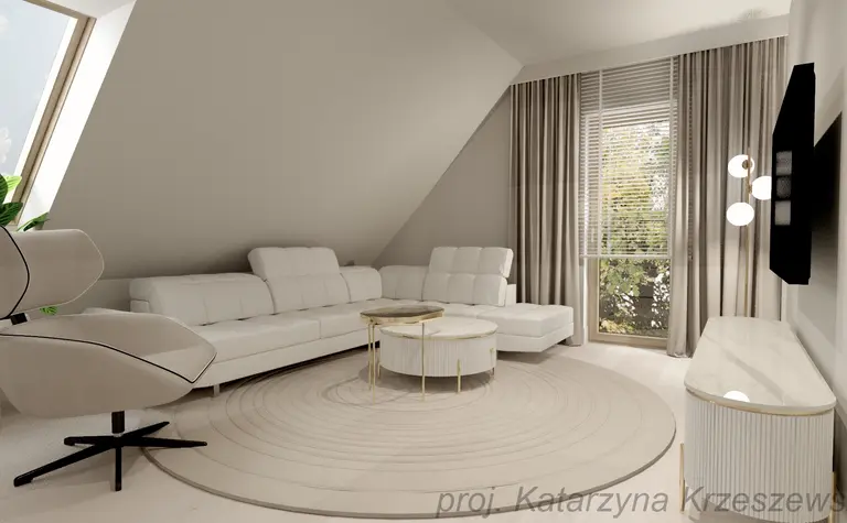 Wnętrze salonu z białą sofą, okrągłym dywanem i rośliną, w stylu glamour, minimalistycznym i nowoczesnym.