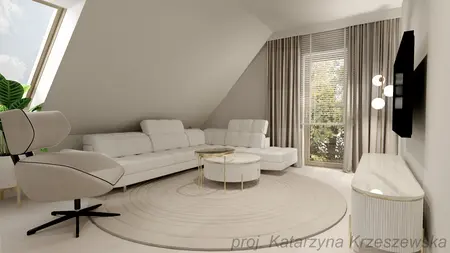 Wnętrze salonu z białą sofą, okrągłym dywanem i rośliną, w stylu glamour, minimalistycznym i nowoczesnym.