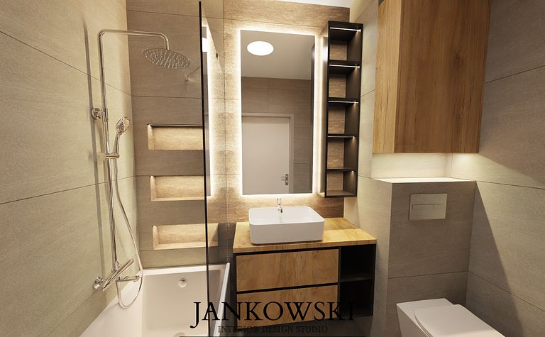 Nowoczesna łazienka z drewnianymi elementami, minimalistycznym designem i oświetleniem LED