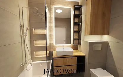 Nowoczesna łazienka z drewnianymi elementami, minimalistycznym designem i oświetleniem LED