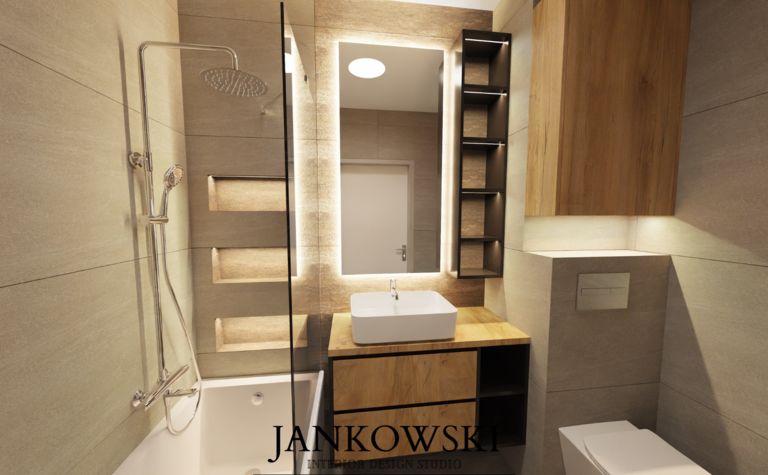 Nowoczesna łazienka z drewnianymi elementami, minimalistycznym designem i oświetleniem LED
