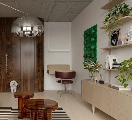 Salon w stylach: industrialny, minimalistyczny, minimaluxe, soft minimalizm, vintage, współczesny, z drewnem i zielonym obrazem