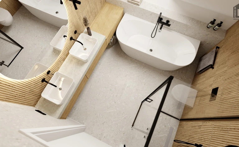 Nowoczesna łazienka z minimalistycznym designem, białą wanną oraz umywalkami