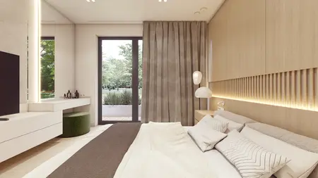 Sypialnia w stylu japandi z dużymi oknami i minimalistycznym wystrojem.