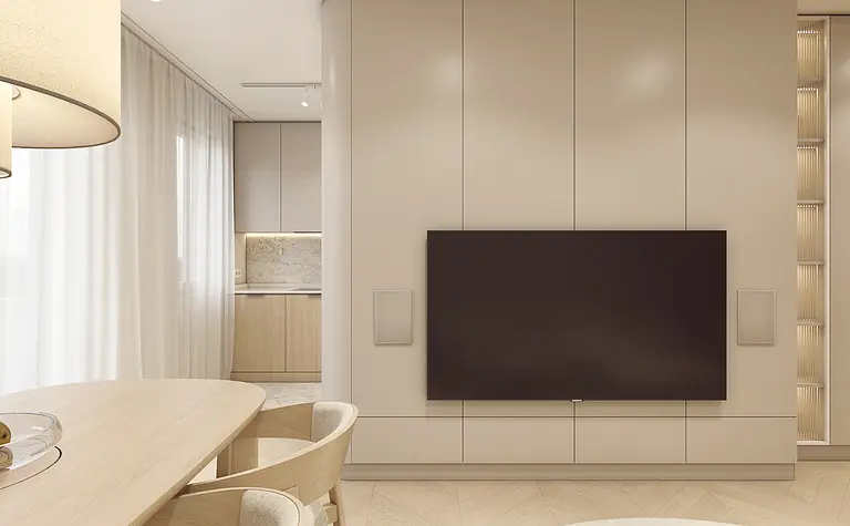 Wnętrze salonu w stylu japandi z minimalistycznym oświetleniem i jasnymi meblami.