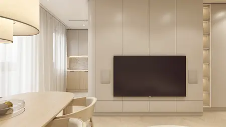 Wnętrze salonu w stylu japandi z minimalistycznym oświetleniem i jasnymi meblami.