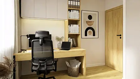 Gabinet w stylu industrialnym z minimalistycznym biurkiem i nowoczesnym krzesłem.