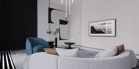 Wnętrze salonu w stylu art deco, glamour i minimalistycznym z niebieskim fotelem.