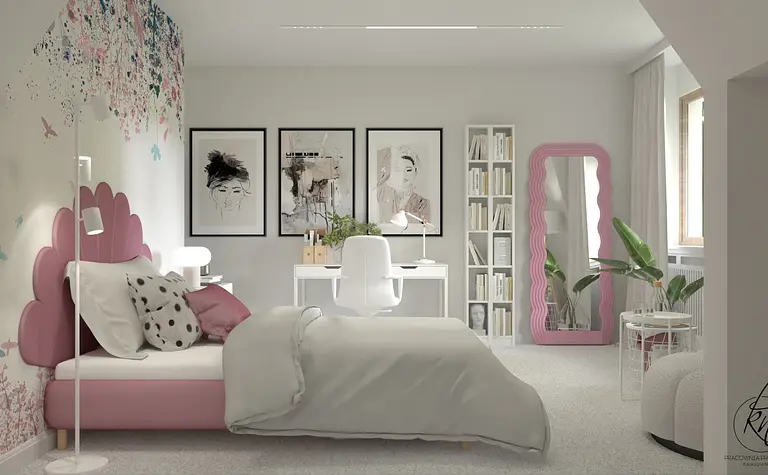 Pokój dziecięcy z różowym łóżkiem, biurkiem i rośliną w stylu minimalistycznym.
