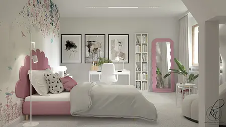 Pokój dziecięcy z różowym łóżkiem, biurkiem i rośliną w stylu minimalistycznym.
