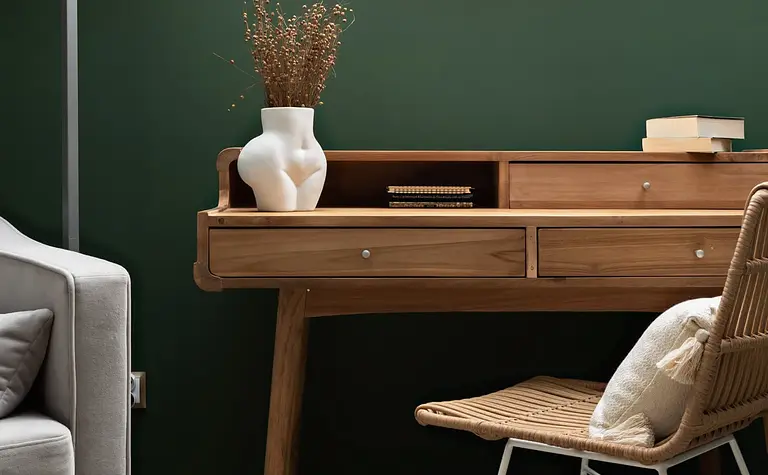 Wnętrze pokoju z drewnianym biurkiem, lampą i boho dodatkami. Styl art deco i glamour.