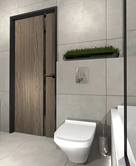 Wnętrze łazienki w stylu industrialnym z minimalistycznymi akcentami i nowoczesnymi detalami.