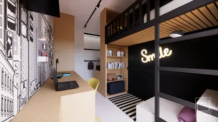 Wnętrze pokoju w stylu industrialnym i minimalistycznym z biurkiem i piętrowym łóżkiem.