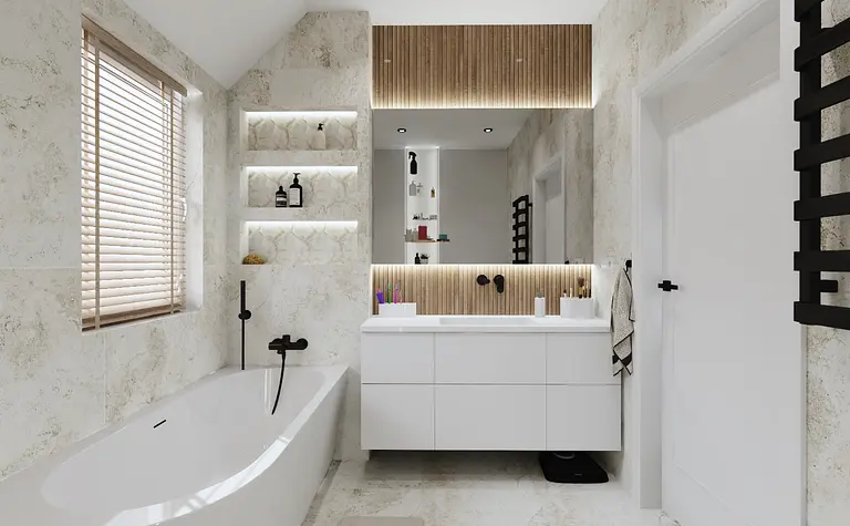 Nowoczesna łazienka z wanną, drewnianymi detalami i minimalistycznym designem