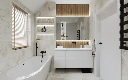 Nowoczesna łazienka z wanną, drewnianymi detalami i minimalistycznym designem
